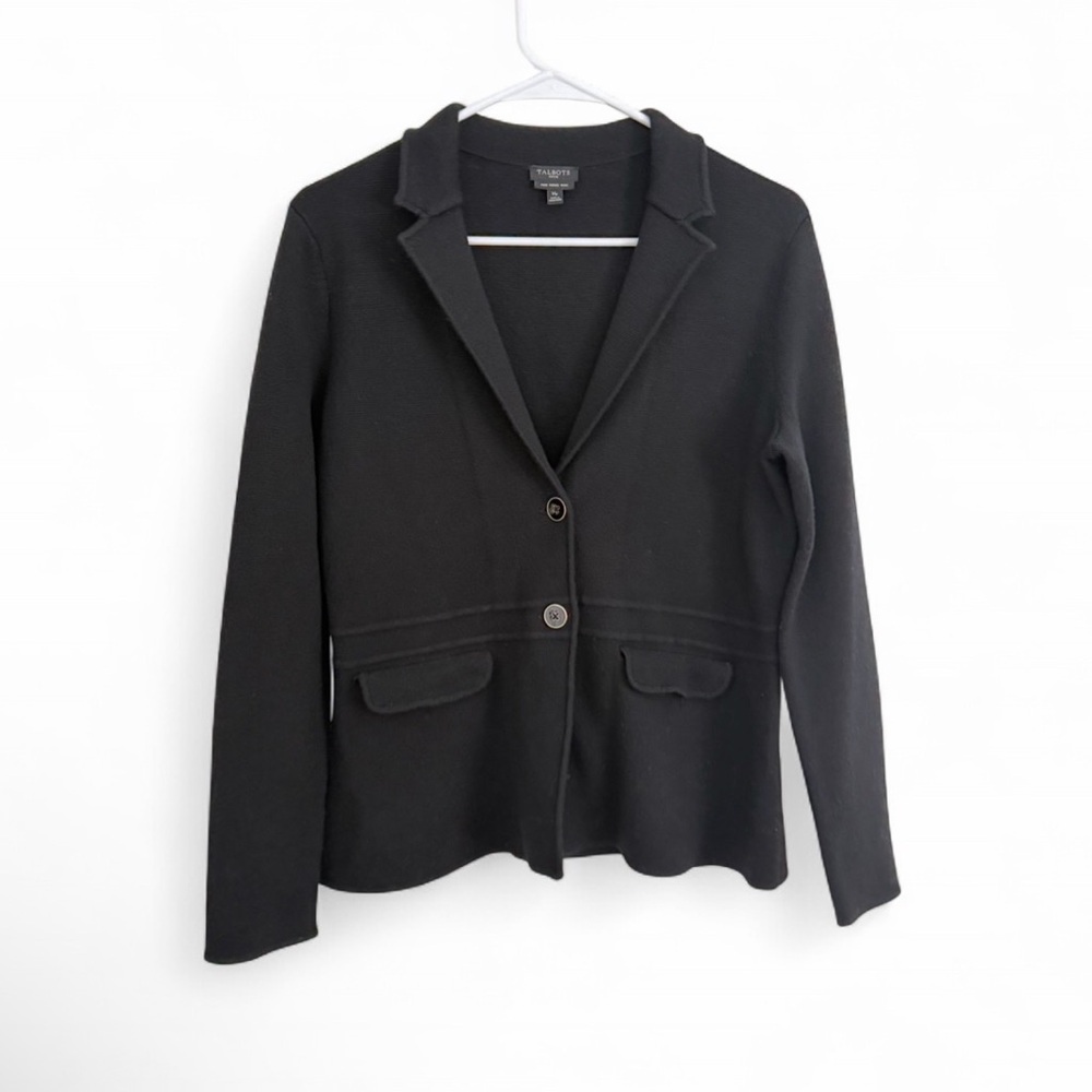 Talbots 100% Merino Wool Knit Blazer Cardigan Jacket Black M P Preppy Work